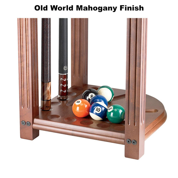 American Heritage 10-cue corner rack in an Old World Mahogany finish - closeup on rack base.