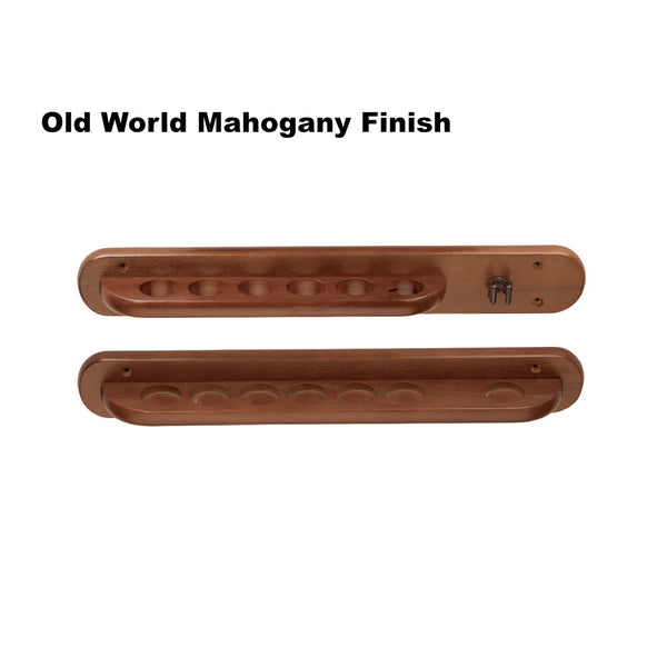 American Heritage 6-cue wall rack with bridge clip - Old World Mahogany wood finish.