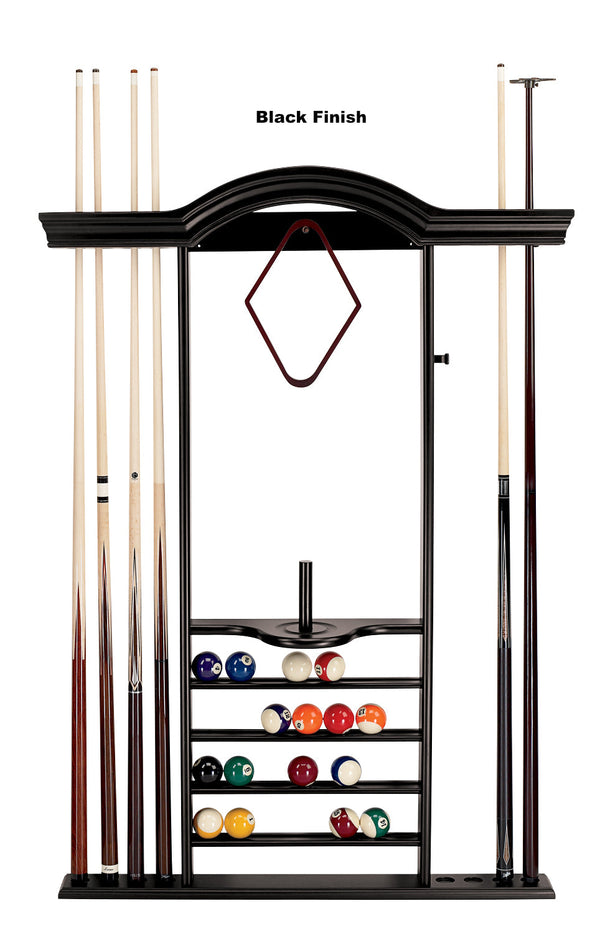 Solid-wood 7-cue billiard wall rack in a Black finish by American Heritage.
