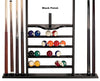 Closeup view of the 7-cue billiard wall rack in Black designed by American Heritage.