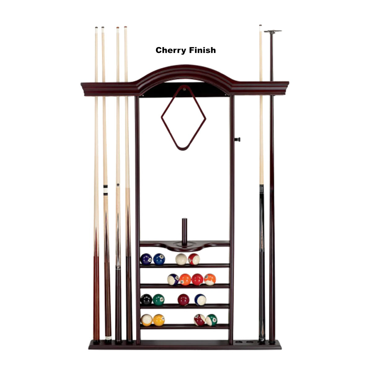 7-cue billiard wall rack designed by American Heritage with a Cherry wood finish.