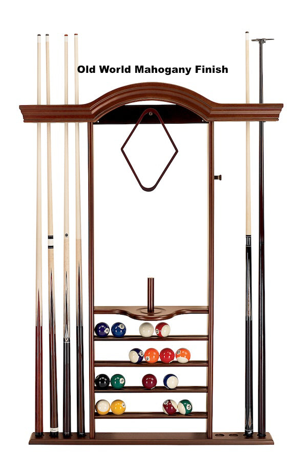 7-cue billiard wall rack with an Old World Mahogany finish designed by American Heritage