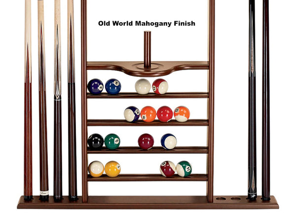 Closeup on the 7-cue billiard wall rack with an Old World Mahogany finish designed by American Heritage
