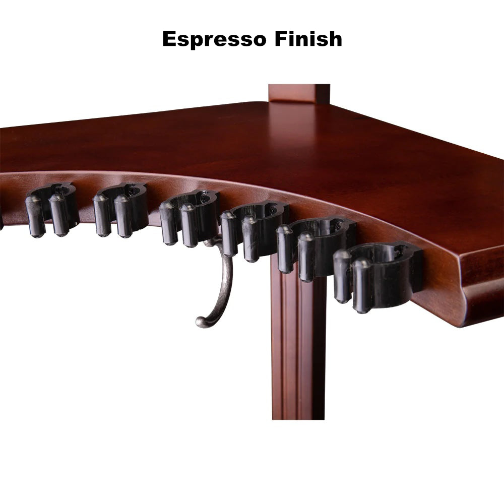 8-cue American Heritage corner rack in an Espresso finish - closeup on upper part.