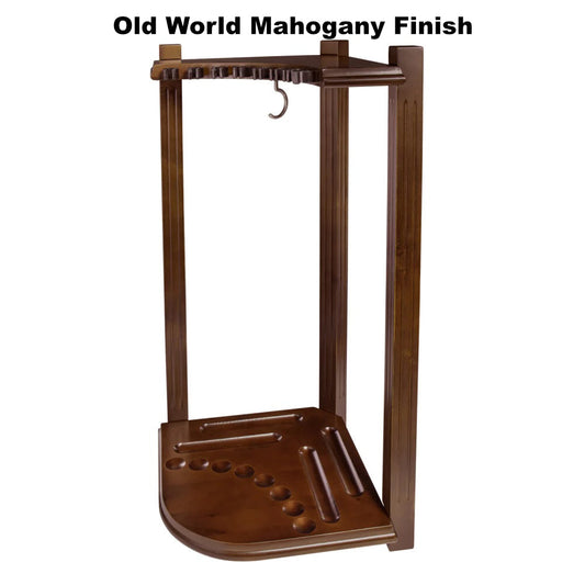 8-cue American Heritage corner rack in an Old World Mahogany finish.
