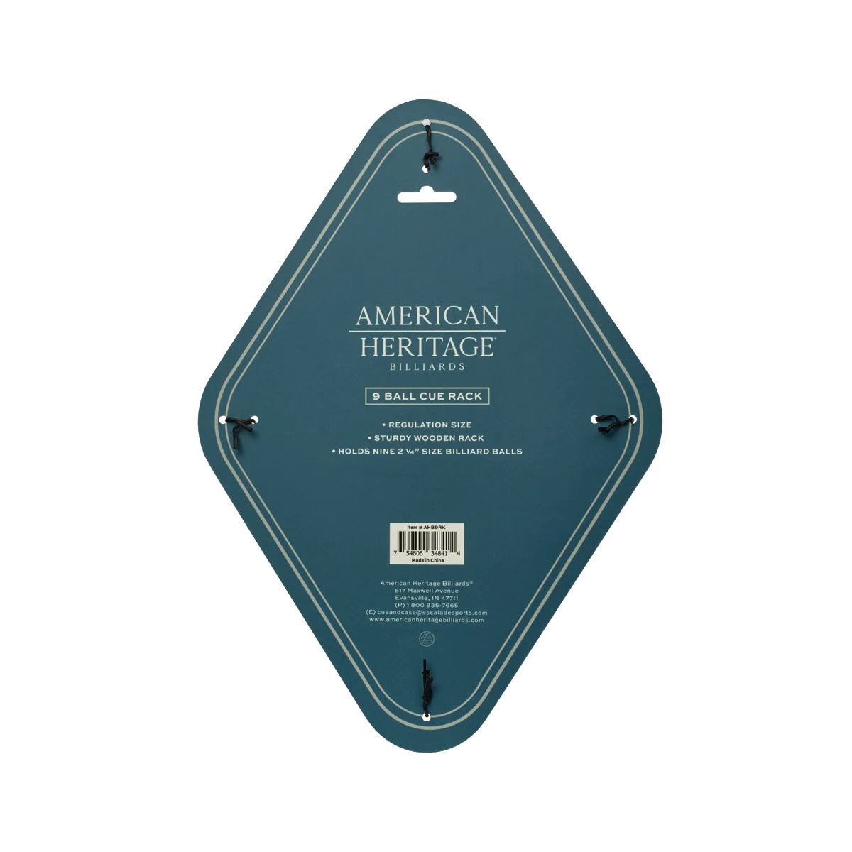 Backside cover of packaged pool ball rack for 9-ball by American Heritage.