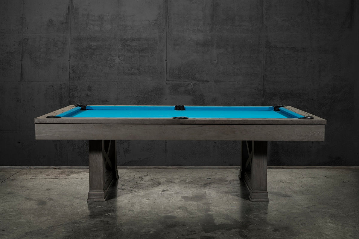 Sideview of the Agriturismo pool table in charcoal in an industrial style game room.