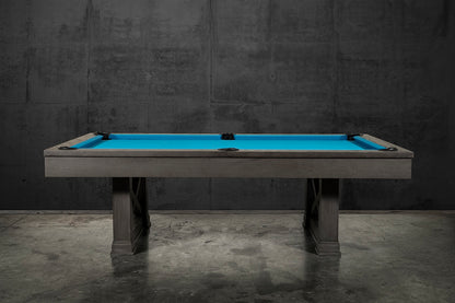 Sideview of the Agriturismo pool table in charcoal in an industrial style game room.