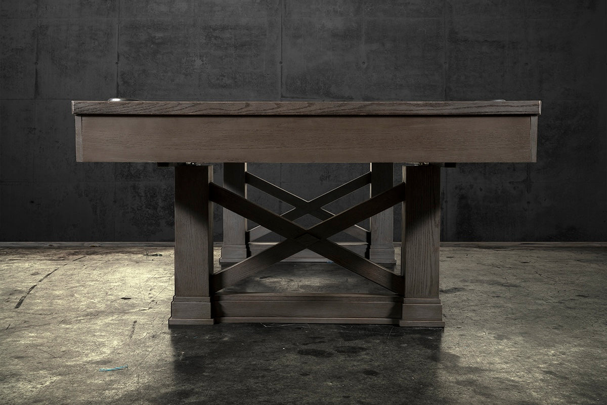 The modern farmhouse style legs of the Agriturismo slate pool table.