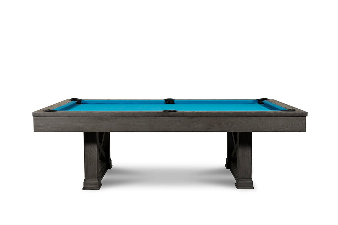 Isabella Agriturismo Slate Pool Table in charcoal hardwood with bright blue billiard cloth and modern rustic design features.