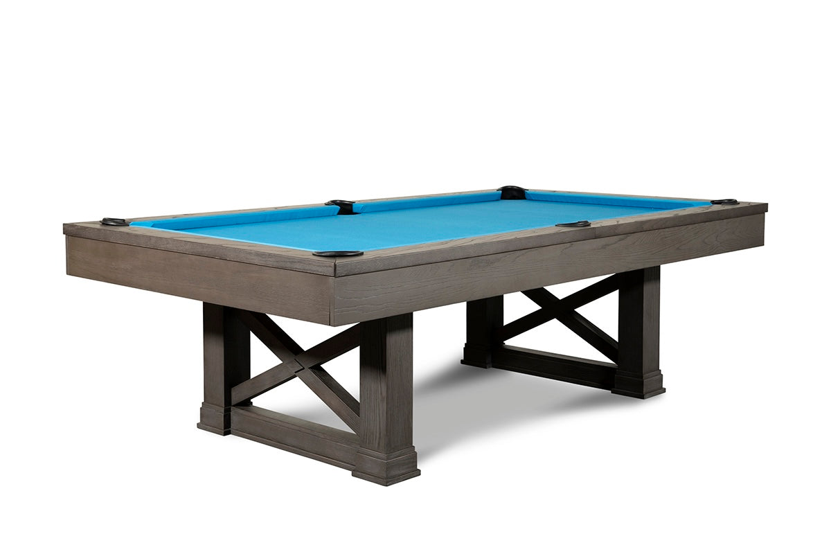 Agriturismo pool table with charcoal finish viewed from a corner against a white background.