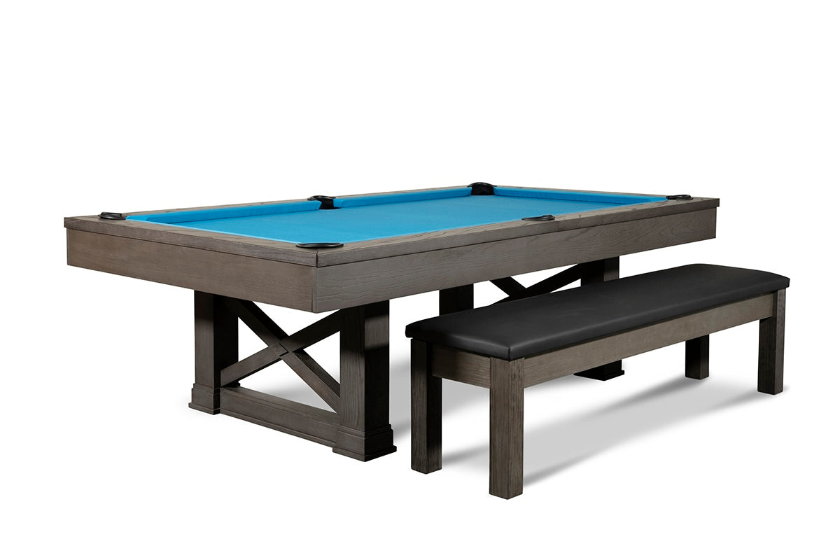 Agriturismo slate pool table with matching storage bench against a white background.