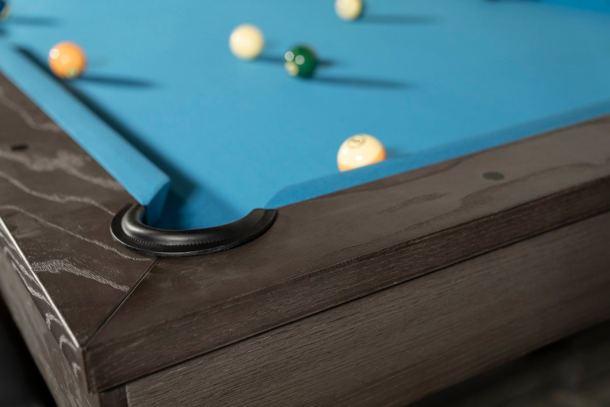 Leather-line corner pocket of the Agriturismo slate pool table.