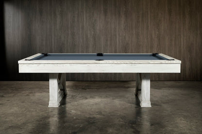 Agriturismo pool table from the side in a dark moody game room.