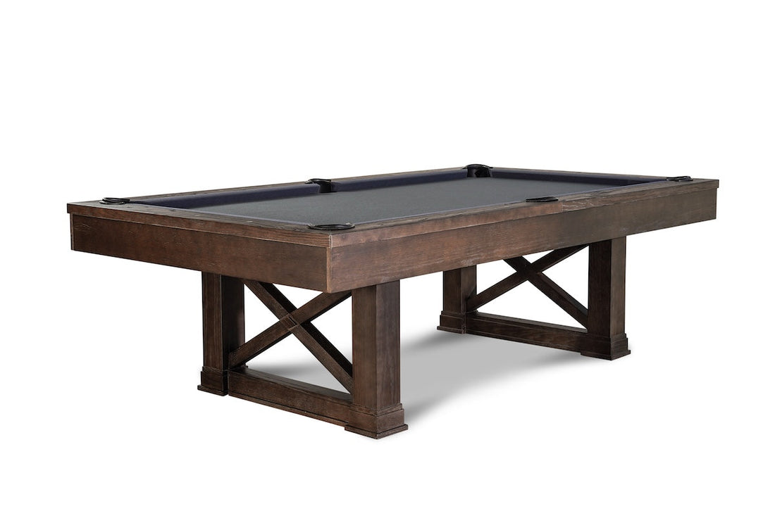 Isabella Agriturismo Slate Pool Table with brownwash genuine hardwood frame, slate playing surface, and black felt pockets.