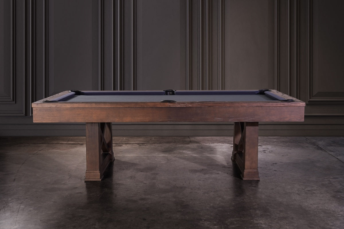 Agriturismo pool table with Brownwash finish in a moody game room.