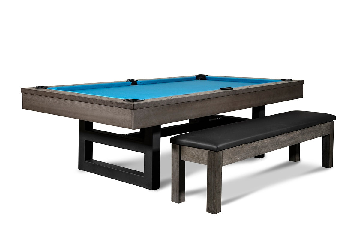 Nixon pool table dining bench with billiard accessory storage standing beside a Chino slate pool table.