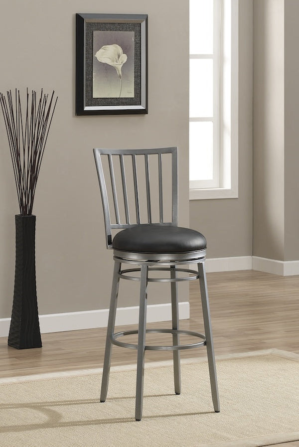 The Easton stool designed by American Heritage features a sleek Flint metal finish and a 360-degree swivel seat.