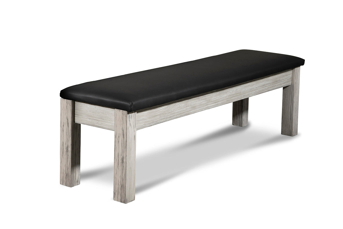 Billiard table dining bench with storage for billiard accessories.