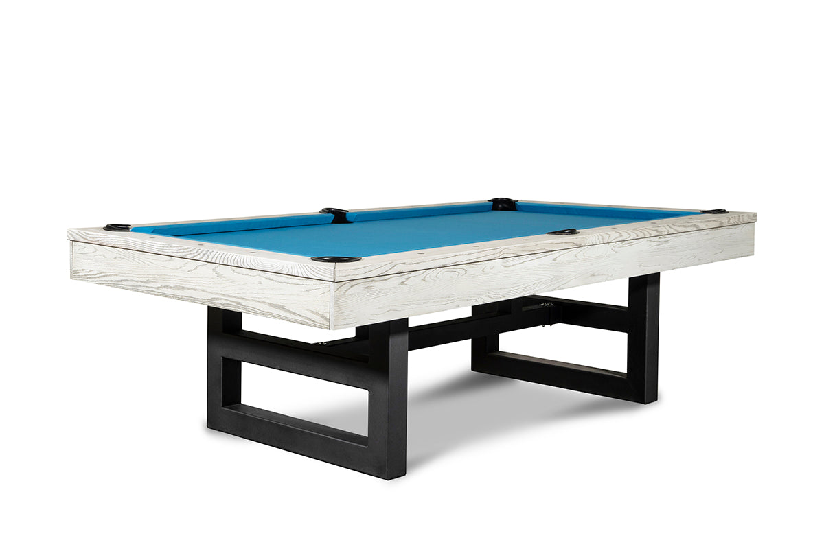 Chino billiard table with whitewash finish against a white background viewed from one of its corners.