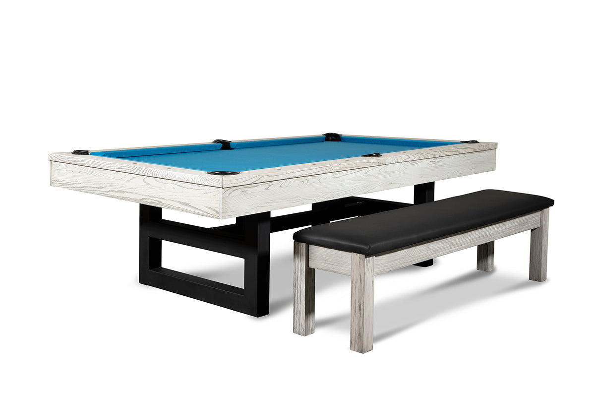 Pool table bench with storage beside a Chino billiard table in whitewash.