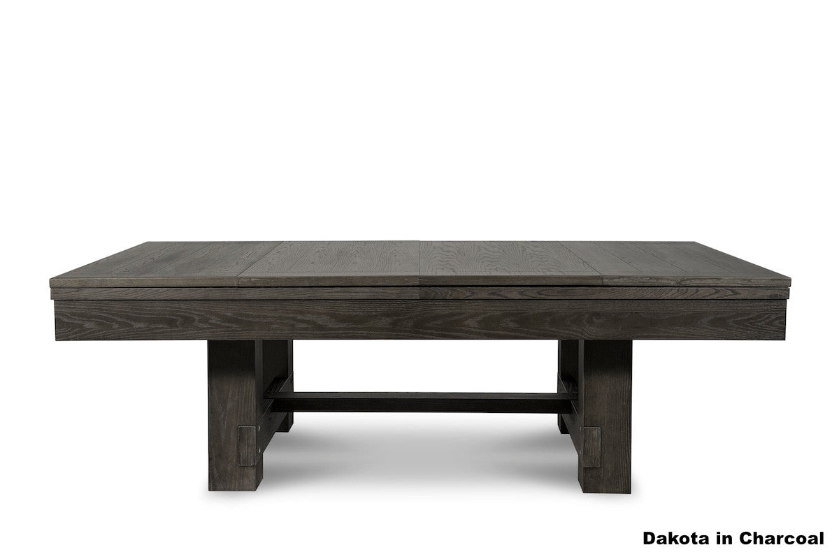 Dining top on Dakota billiard table with charcoal wood finish.