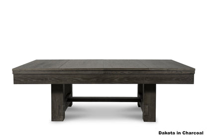 Dining top on Dakota billiard table with charcoal wood finish.