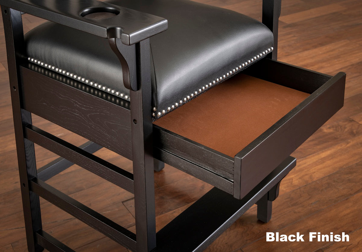 Closeup of the King chair in Black by American Heritage showing its hidden drawer.