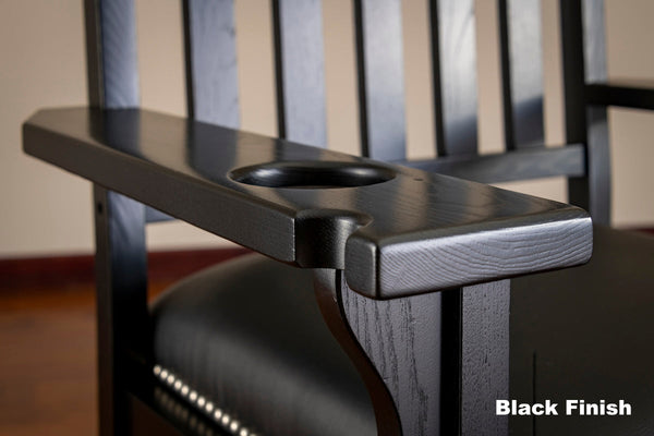 Closeup on cupholder of the King chair in Black by American Heritage.