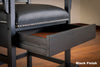 Closeup on the hidden drawer of the American Heritage King chair in Black.