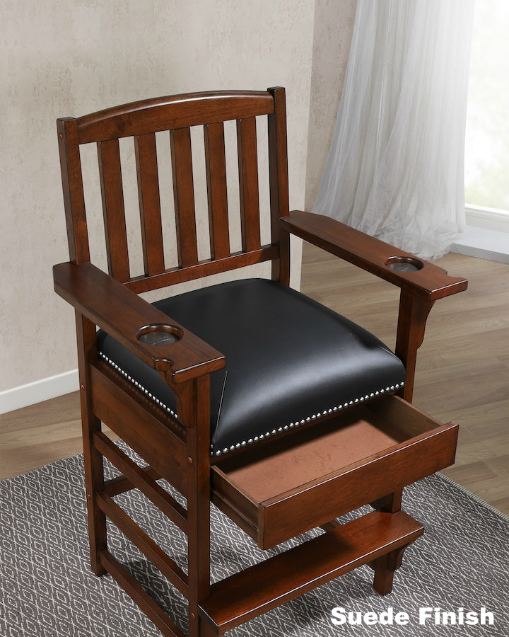 King game chair with Suede finish showing hidden drawer designed by American Heritage.