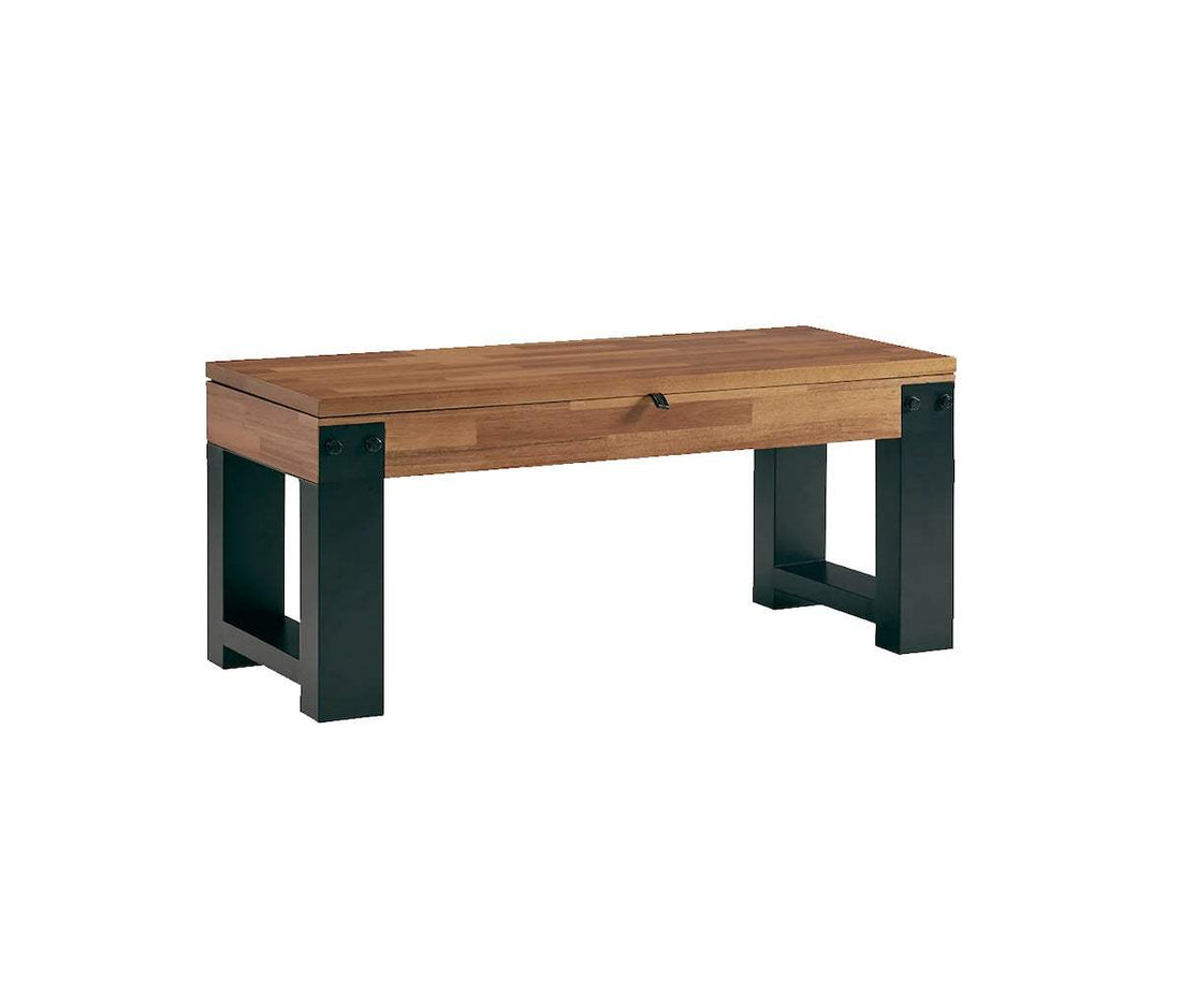 Knoxville Multi-functional Storage Bench with acacia wood top and black metal legs, featuring a hidden storage compartment under the seat.