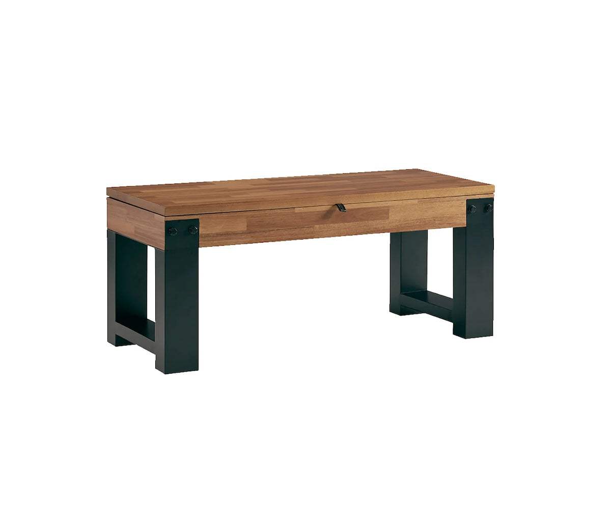 Knoxville Multi-functional Storage Bench with acacia wood top and black metal legs, featuring a hidden storage compartment under the seat.