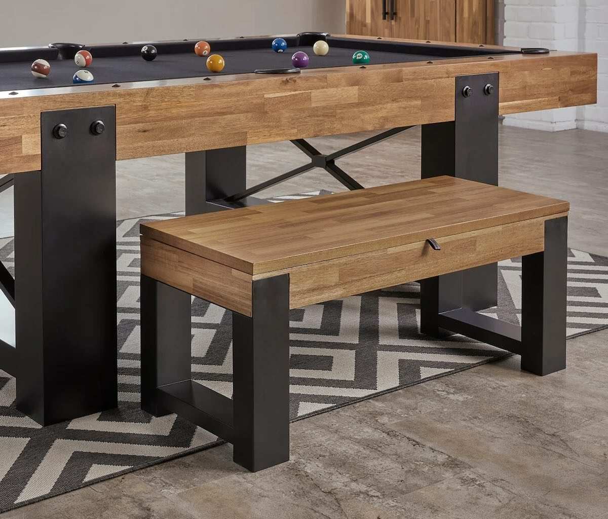 American Heritage Knoxville bench beside Knoxville pool table with storage for accessories.