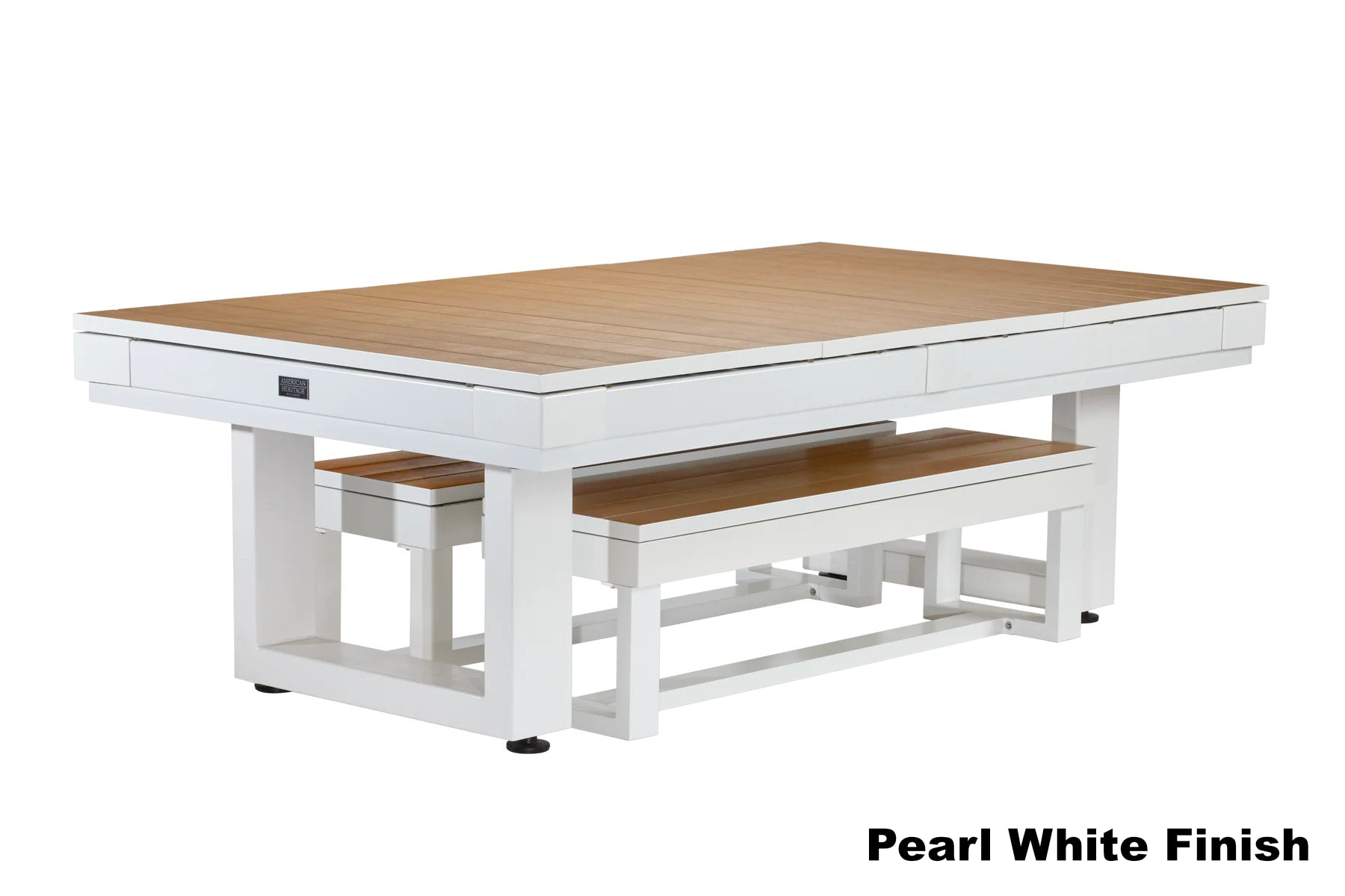 American Heritage Lanai dining top for pool table in Pearl White with complementary dining benches.