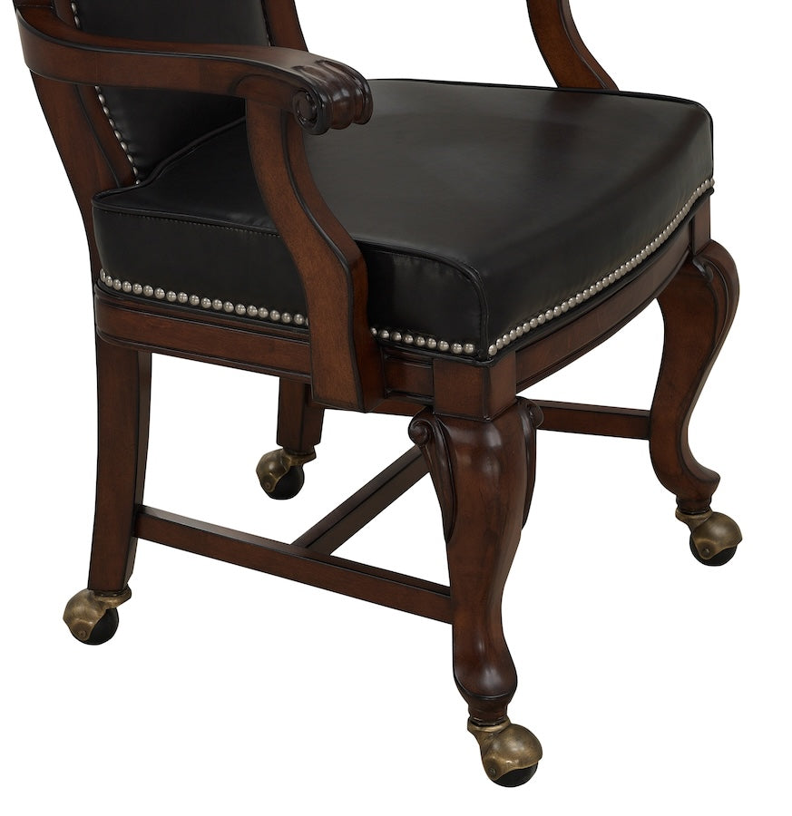 Closeup on the wide cushioned leather seat and wooden frame of the American Heritage Napoli chair.