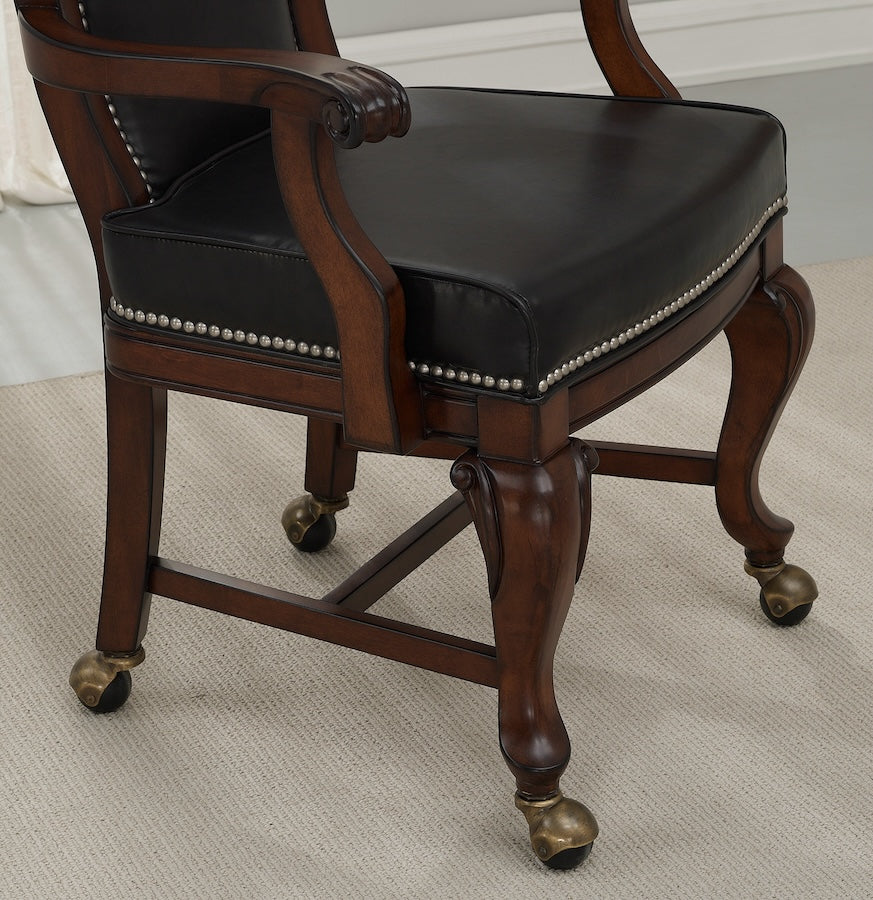 Closeup on the leather cushioning and wooden frame of the American Heritage Napoli chair.