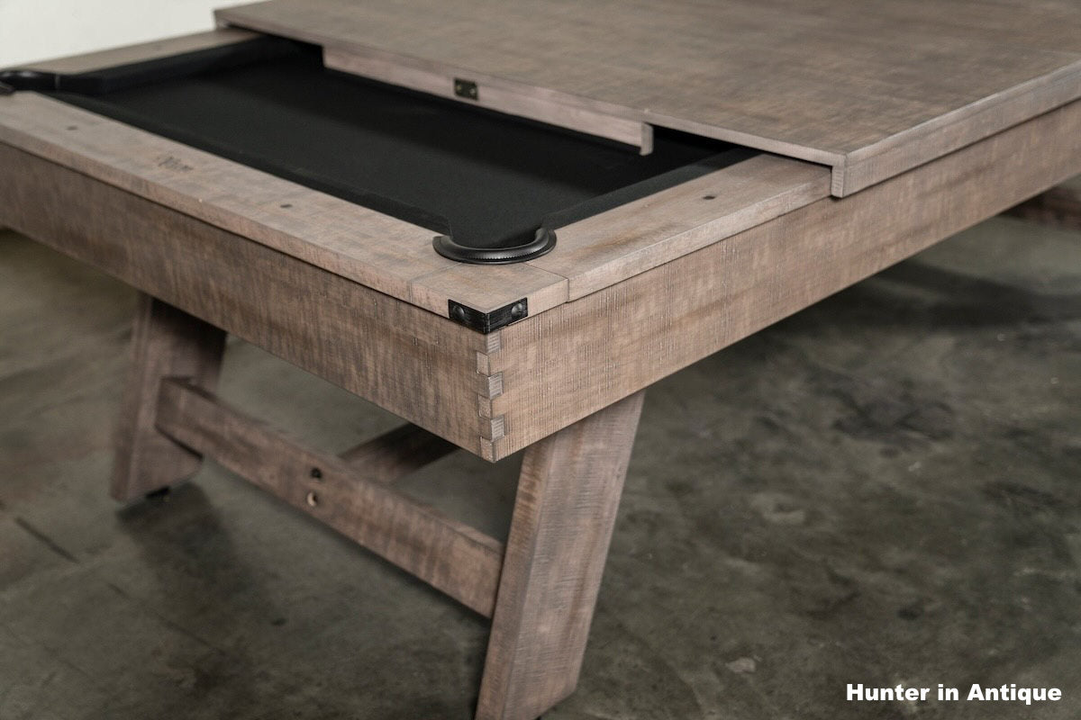 Table top on Hunter pool table with an antiqued wood finish.