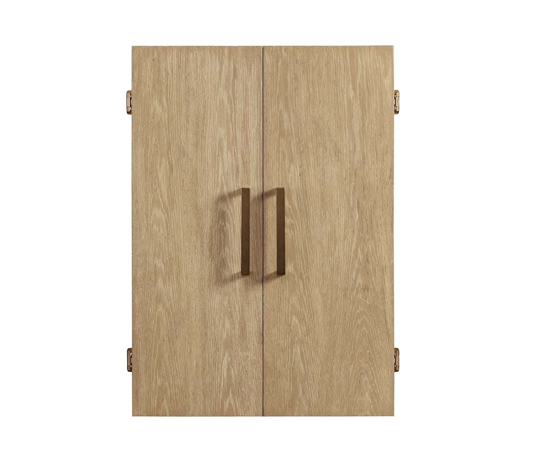 Port Royal Dartboard Cabinet with white oak finish, handcrafted wood, rectangular brass handles, and smooth wood grain pattern.