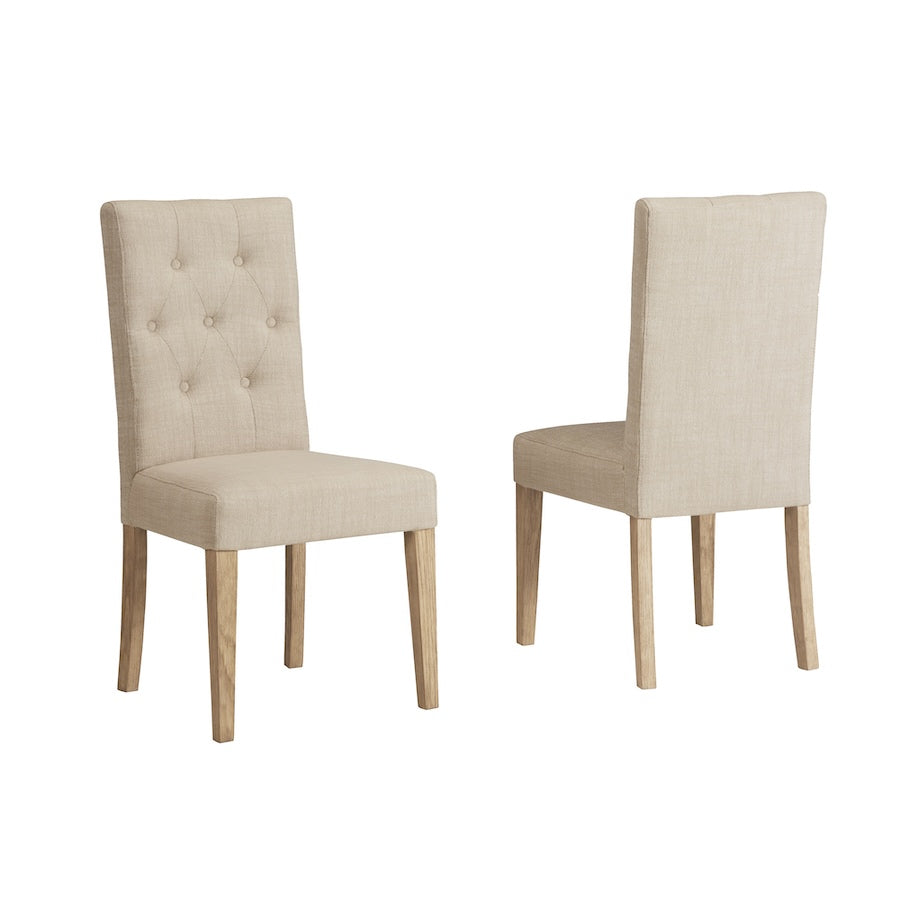 Two American Heritage Port Royal dining stools in White Oak with cushioned seating and linen upholstry.