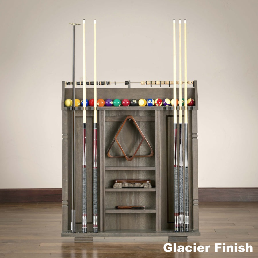 American Heritage Providence in a Giacier finish - a solid wood cue rack for 12 cues | billiard balls | and accessories.