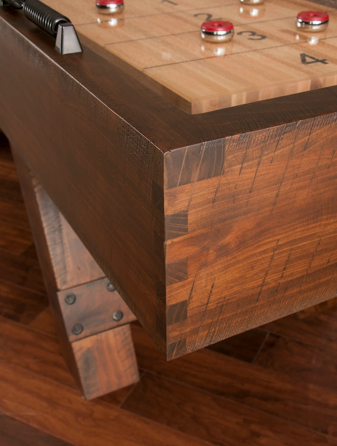Closeup of American Heritage Savannah shuffleboard table in Sable.