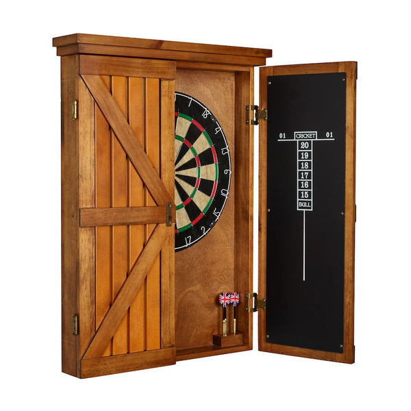 Turnberry dartboard cabinet by American Heritage with a rustic wood finish.