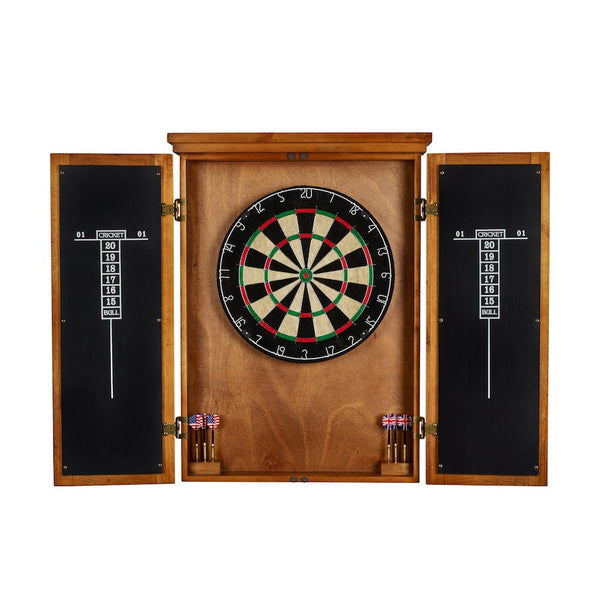 Fully open Turnberry dartboard cabinet by American Heritage.