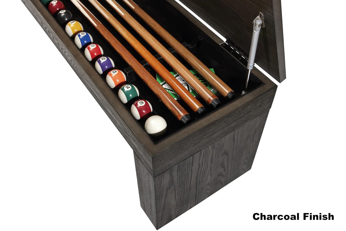 Closeup of open Vancouver pool table storage bench by American Heritage.
