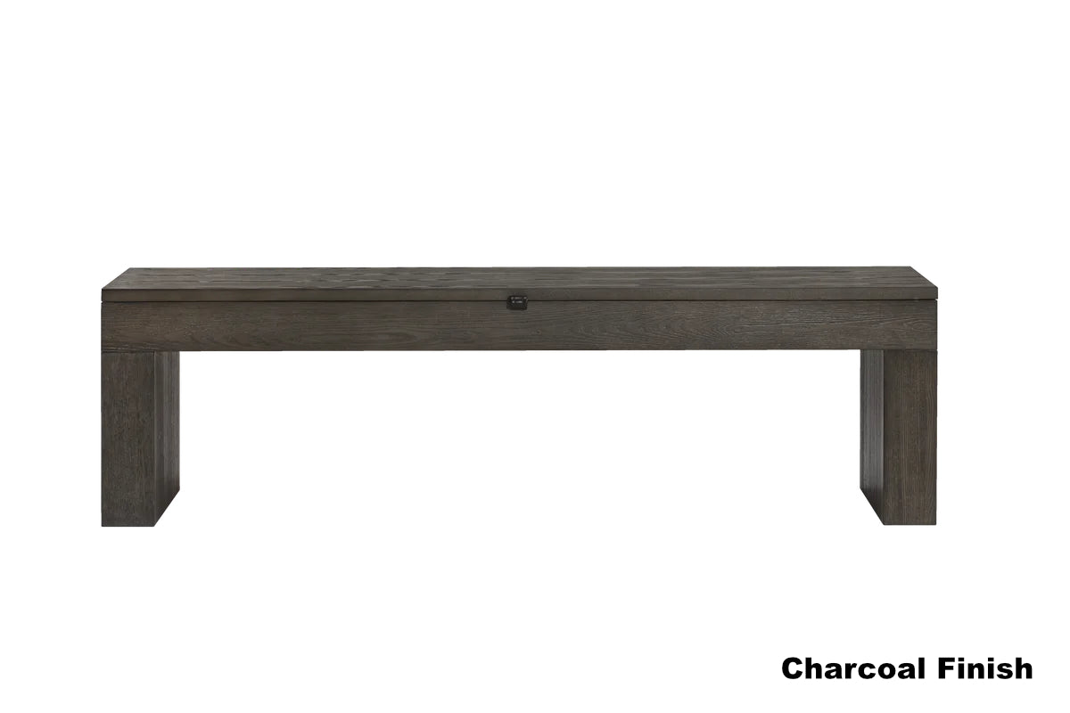 American Heritage Vancouver dining bench with a charcaol finish and storage for billiard accessories under the seat.