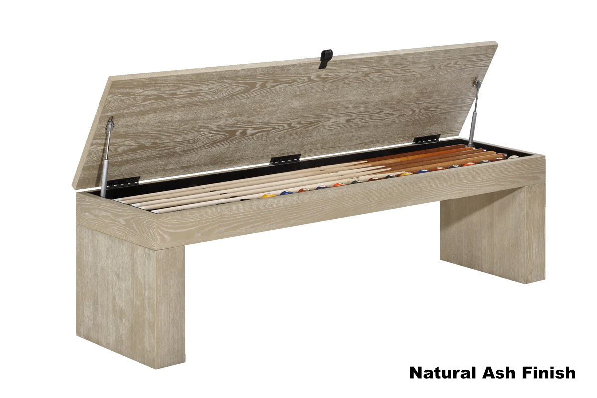 American Heritage Vancouver dining storage bench in Natural Ash with billiard accessories stored in the open seat.