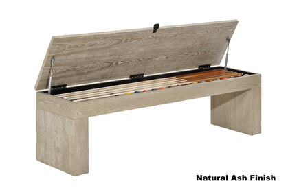 American Heritage Vancouver dining storage bench in Natural Ash with billiard accessories stored in the open seat.