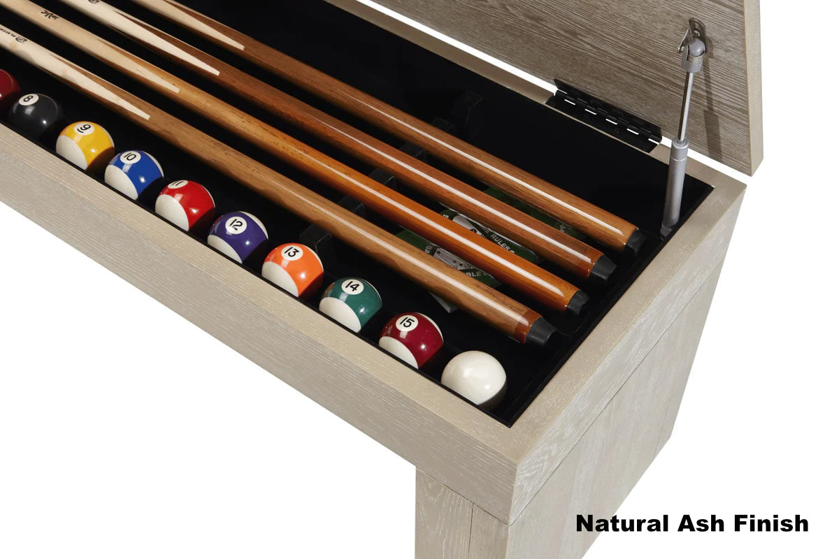 Closeup on billiard accessories inside the storage space of an American Heritage Vancouver bench with a Natural Ash finish.