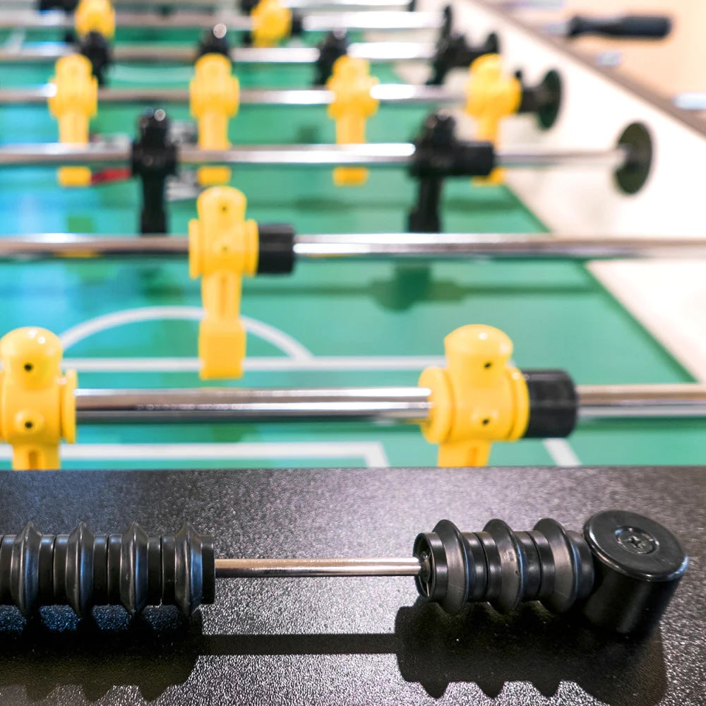 Velocity Pro Am foosball table by American Heritage - closeup on plastic players and abacus scoring system.